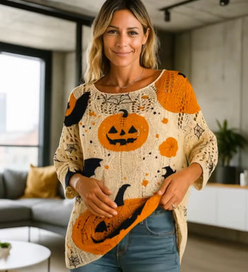 Halloween Pumpkin Print Long-Sleeve Sweater